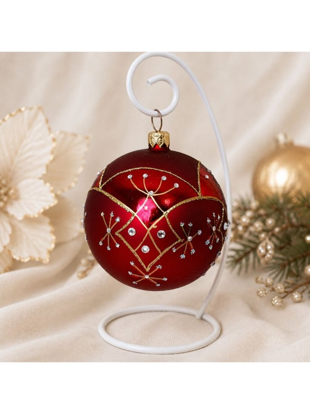 Dillards Trimmings 2001 Polish Glass VTG Red Gold Rhinestone Christmas Ornament